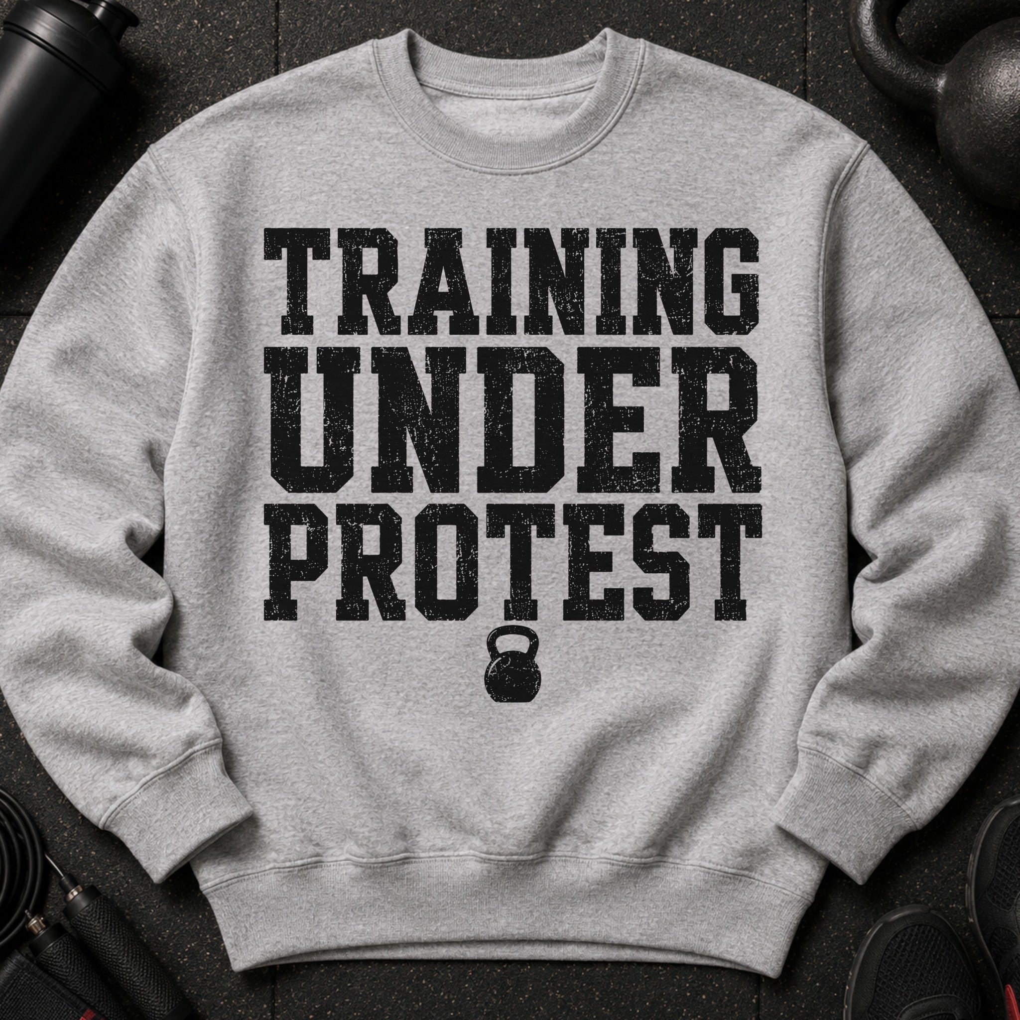 Grey crewneck sweatshirt with distressed black text "TRAINING UNDER PROTEST" and kettlebell graphic.