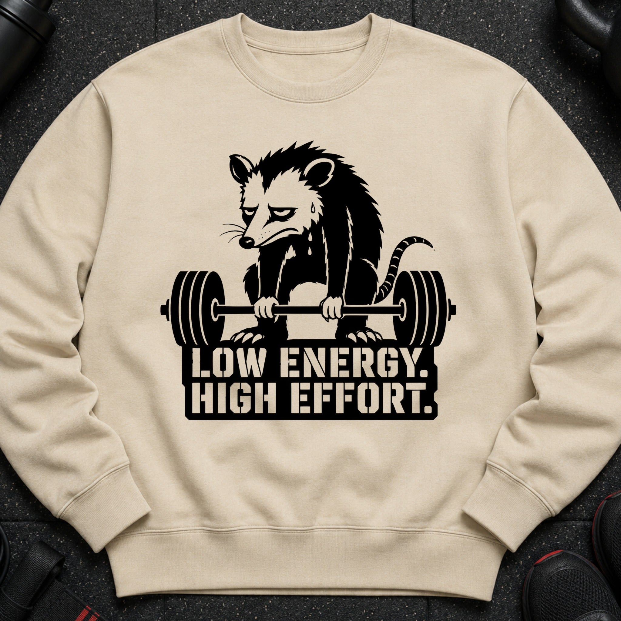 Tan sweatshirt with a black graphic of a sad opossum lifting a barbell and text.