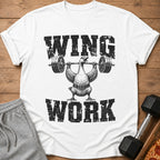White t-shirt with a goose lifting a barbell, text reads "WING WORK".