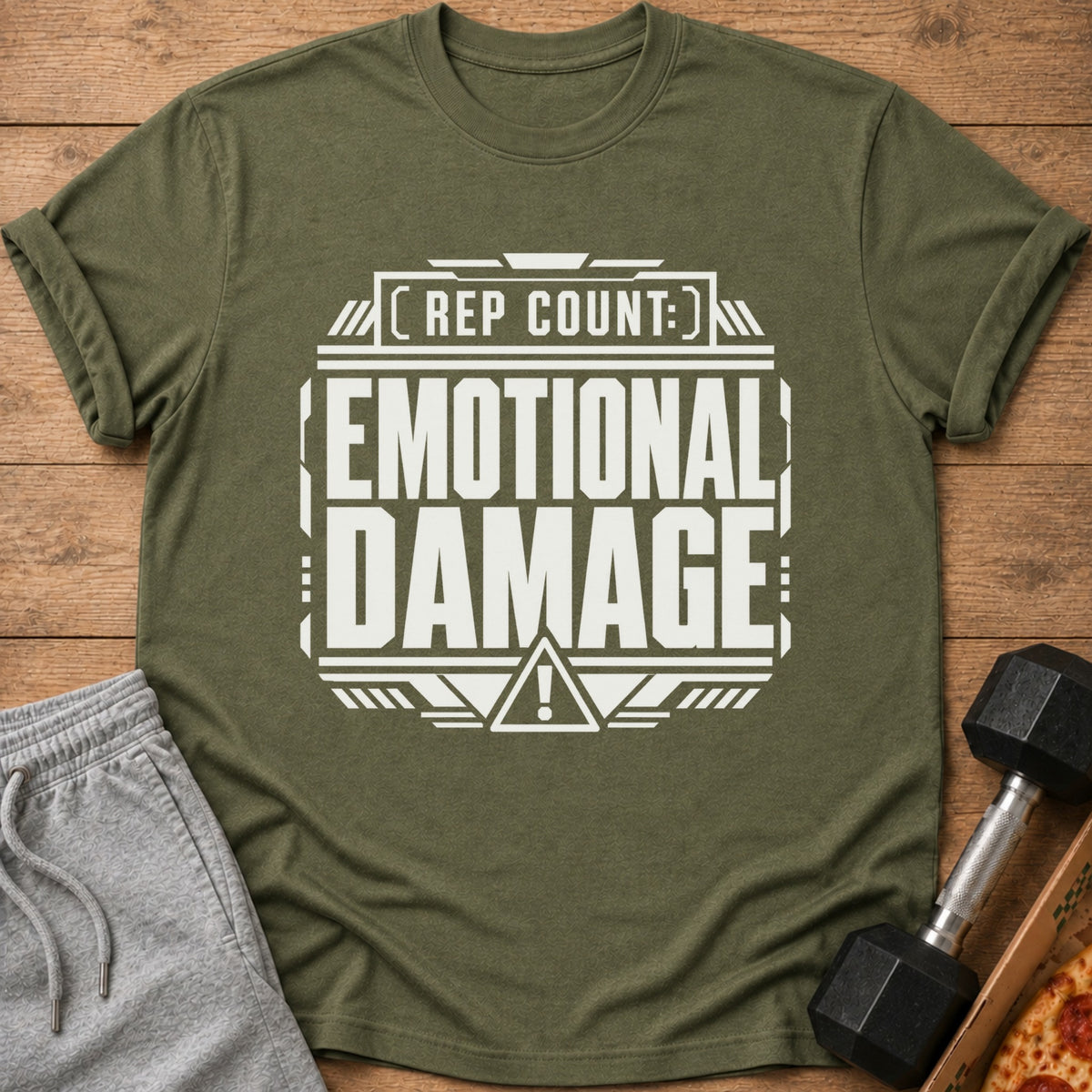 Olive green t-shirt with "Rep Count: Emotional Damage" graphic.