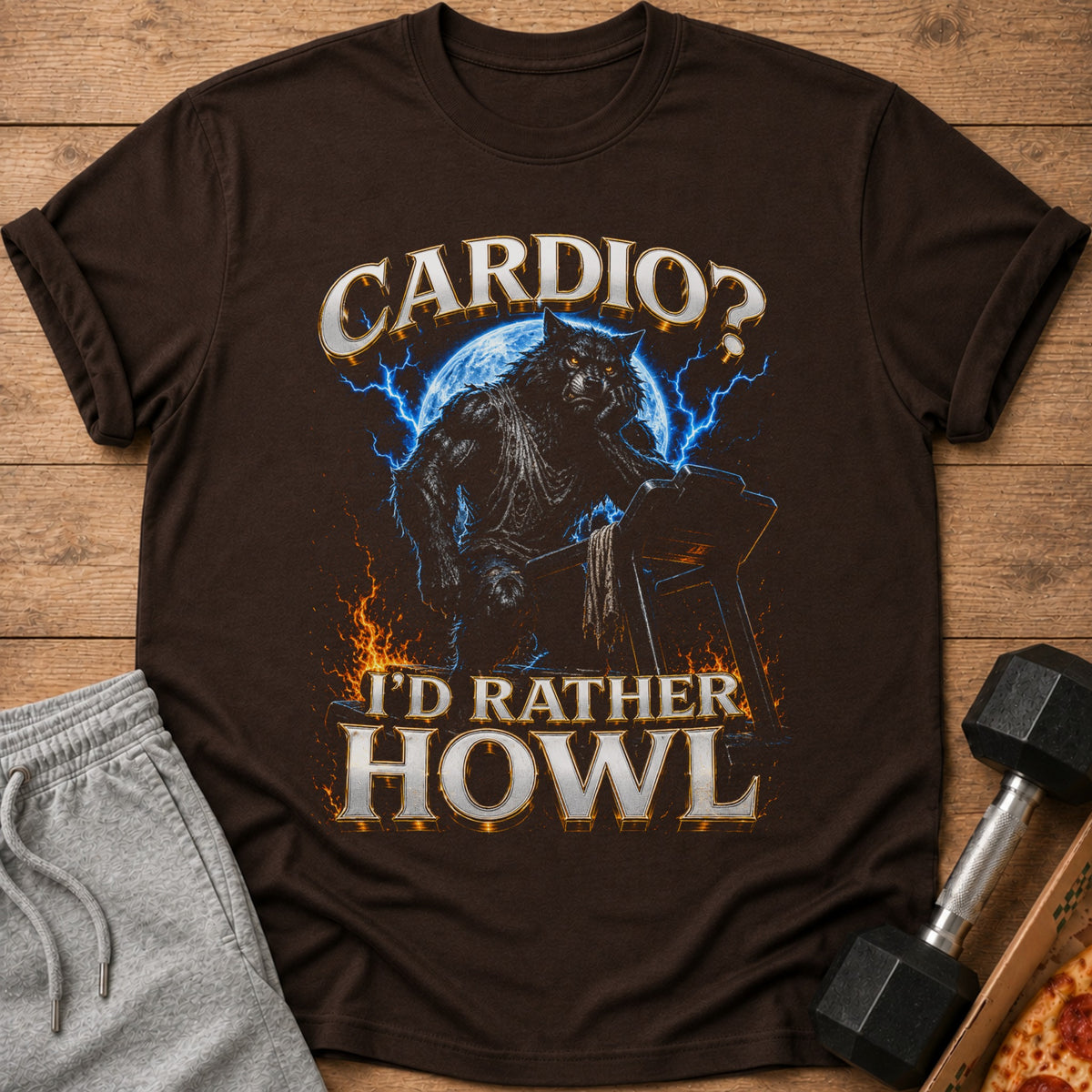Brown t-shirt with graphic of werewolf on treadmill and text "CARDIO? I'D RATHER HOWL".