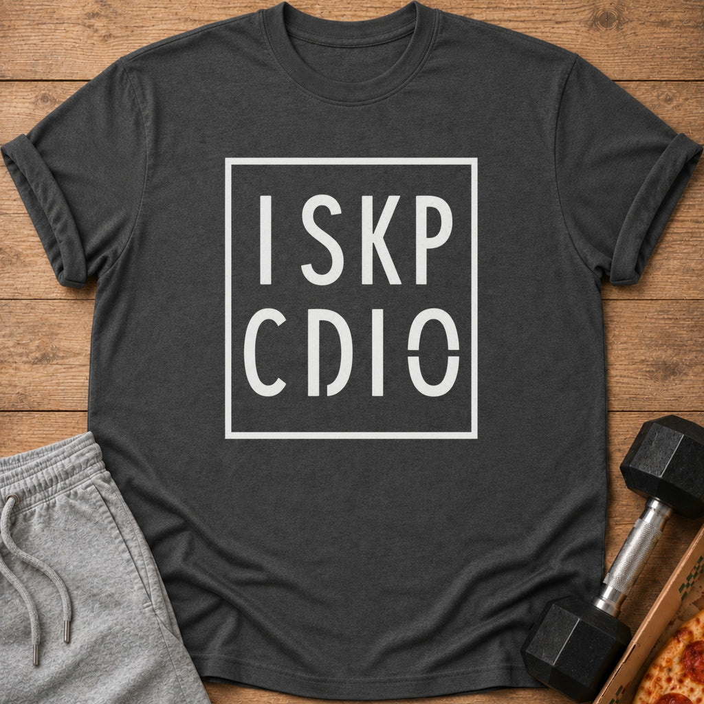 Dark grey t-shirt with white text "I SKP CDIO" in a box.