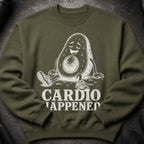 Sweat-drenched avocado graphic with text "CARDIO HAPPENED" on a green sweatshirt.
