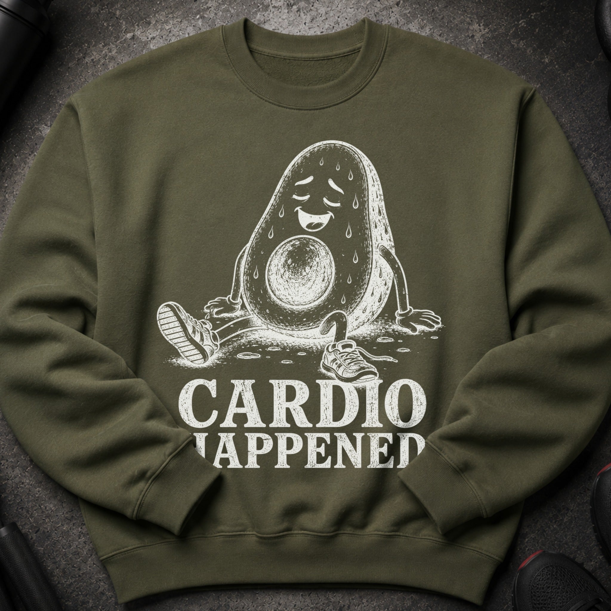 Sweat-drenched avocado graphic with text "CARDIO HAPPENED" on a green sweatshirt.