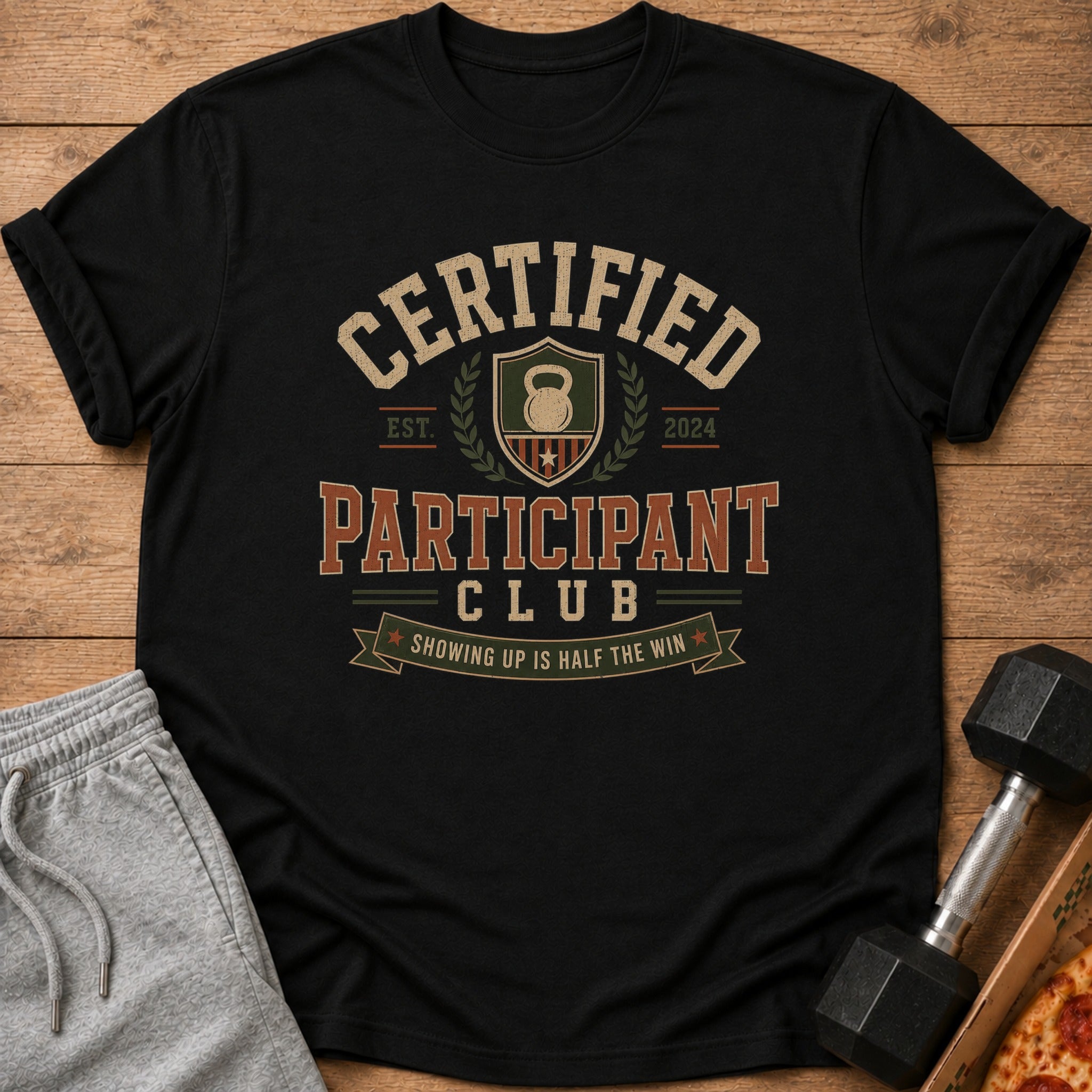 Black t-shirt with "Certified Participant Club" text and kettlebell graphic.