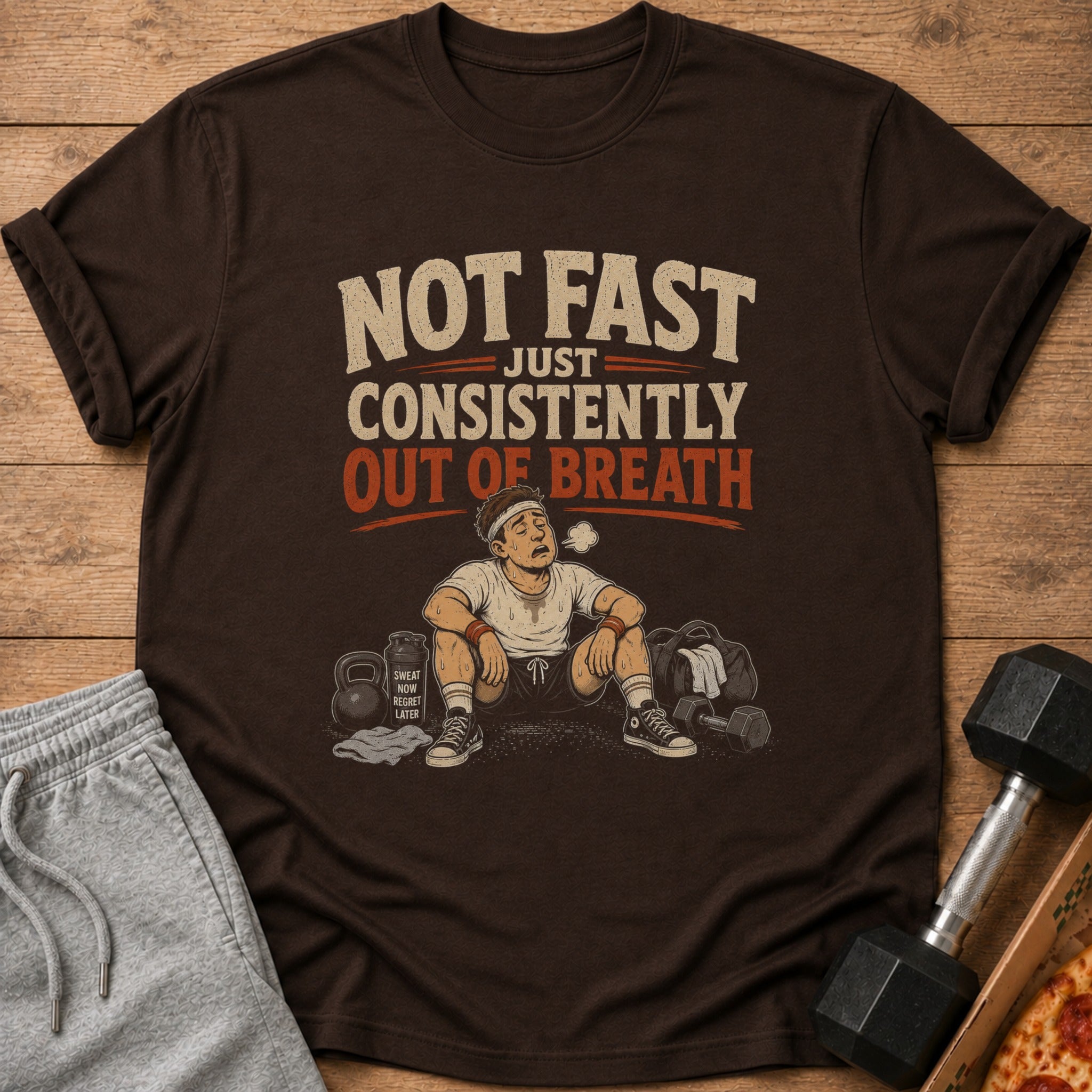 Brown t-shirt with illustration of a tired man and text "Not Fast Just Consistently Out of Breath".