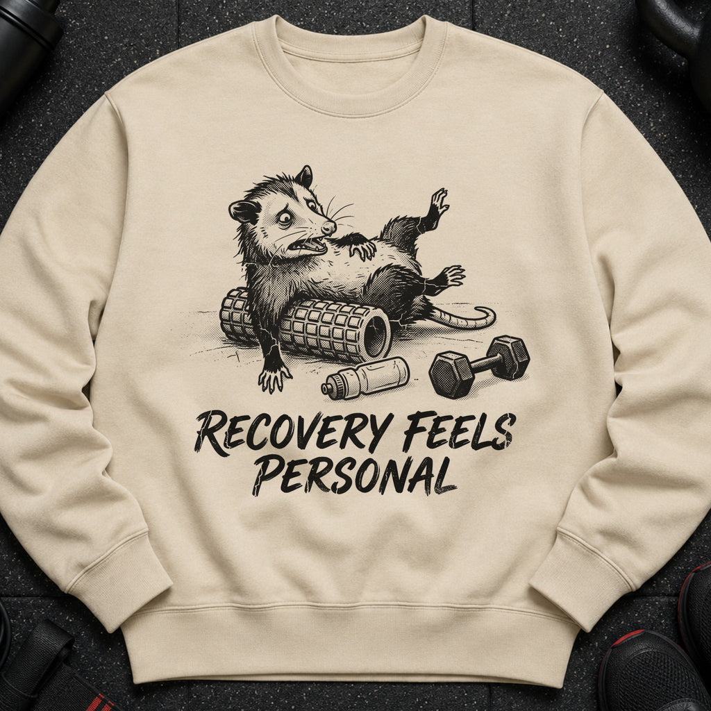 Light beige crewneck sweatshirt with graphic text and design: "RECOVERY FEELS PERSONAL."