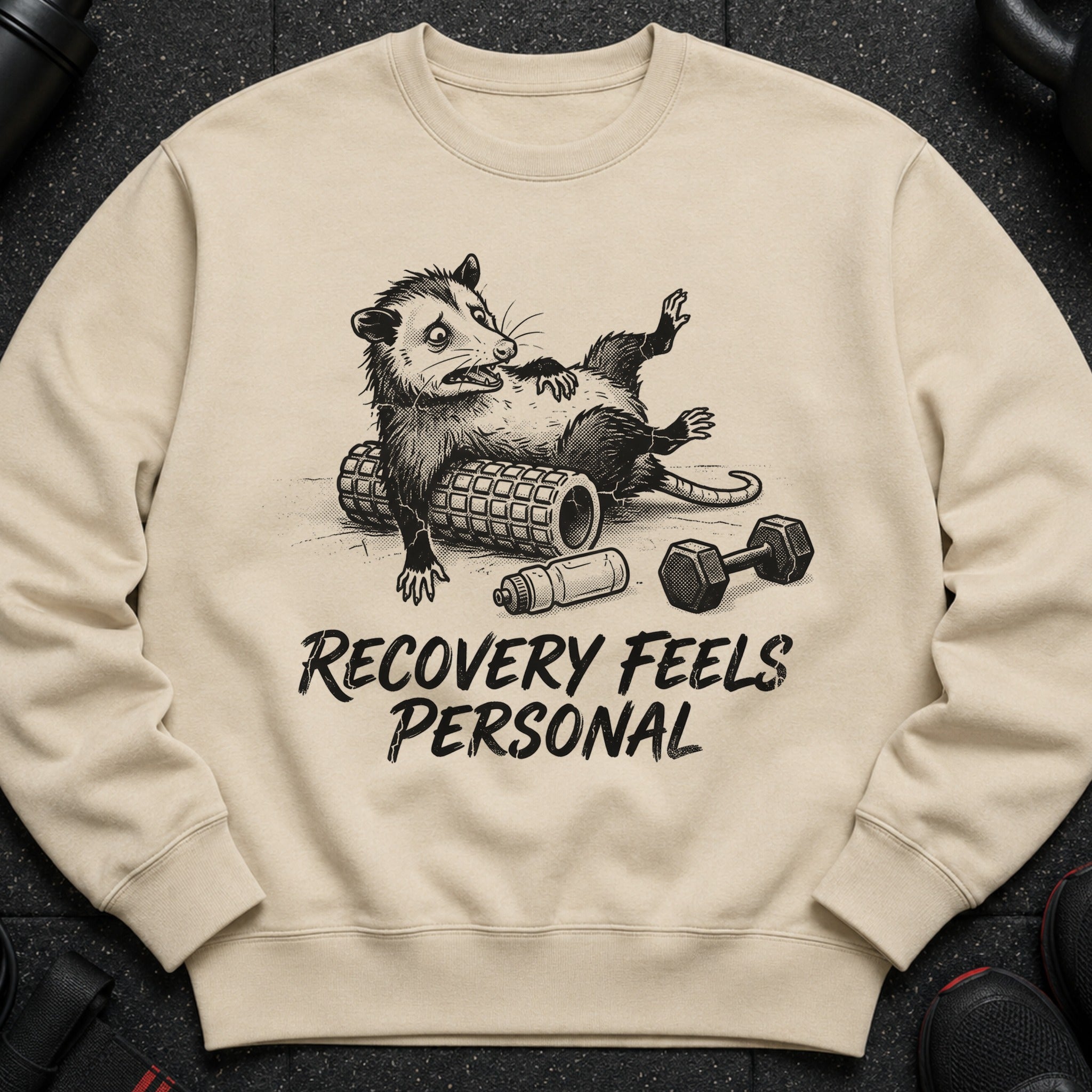 Light beige crewneck sweatshirt with graphic text and design: "RECOVERY FEELS PERSONAL."
