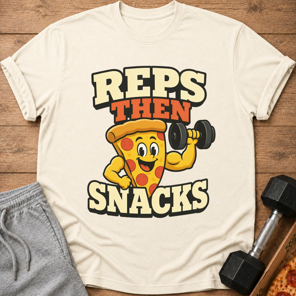 T-shirt with cartoon pizza lifting dumbbell, text "REPS THEN SNACKS."