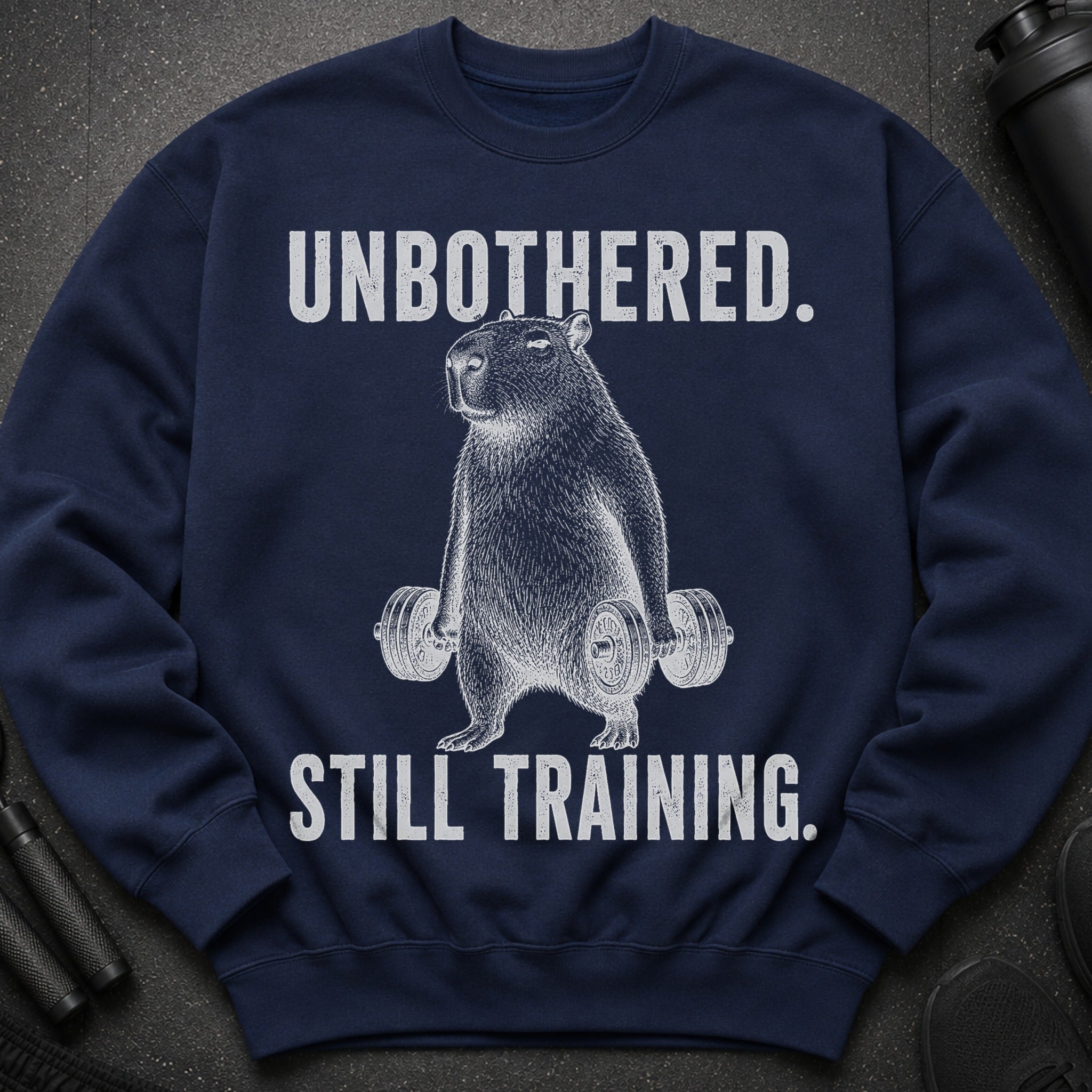 Navy sweatshirt with a line drawing of a capybara lifting weights and text "UNBOTHERED. STILL TRAINING."