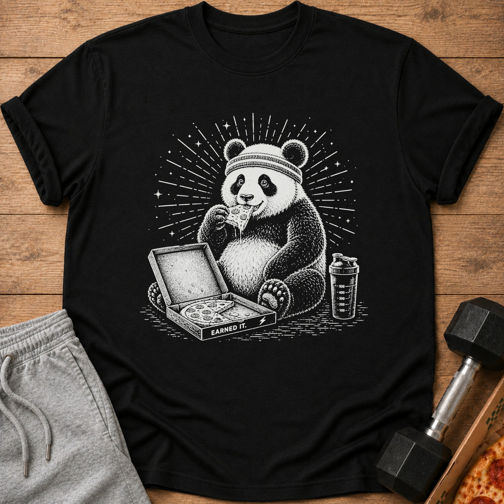 Panda eating pizza with a shaker bottle and text "Earned It."