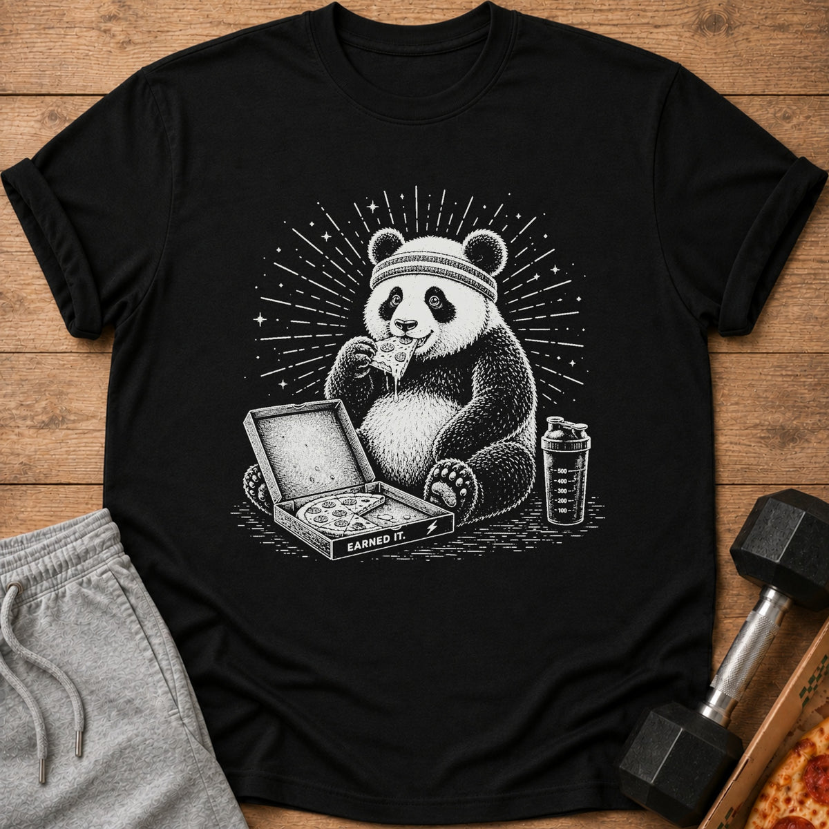Panda eating pizza with a shaker bottle and text "Earned It."
