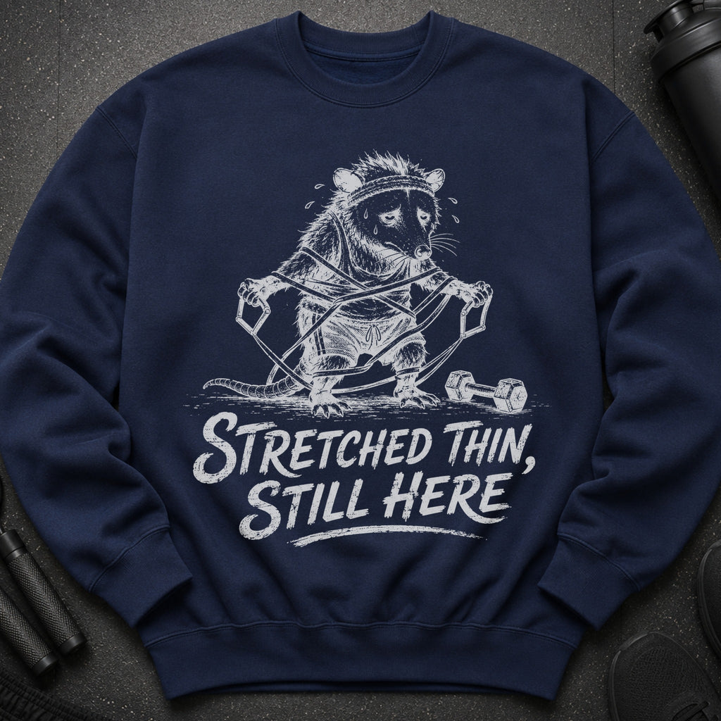 Navy sweatshirt with a graphic of a possum exercising and text reading "Stretched Thin, Still Here".