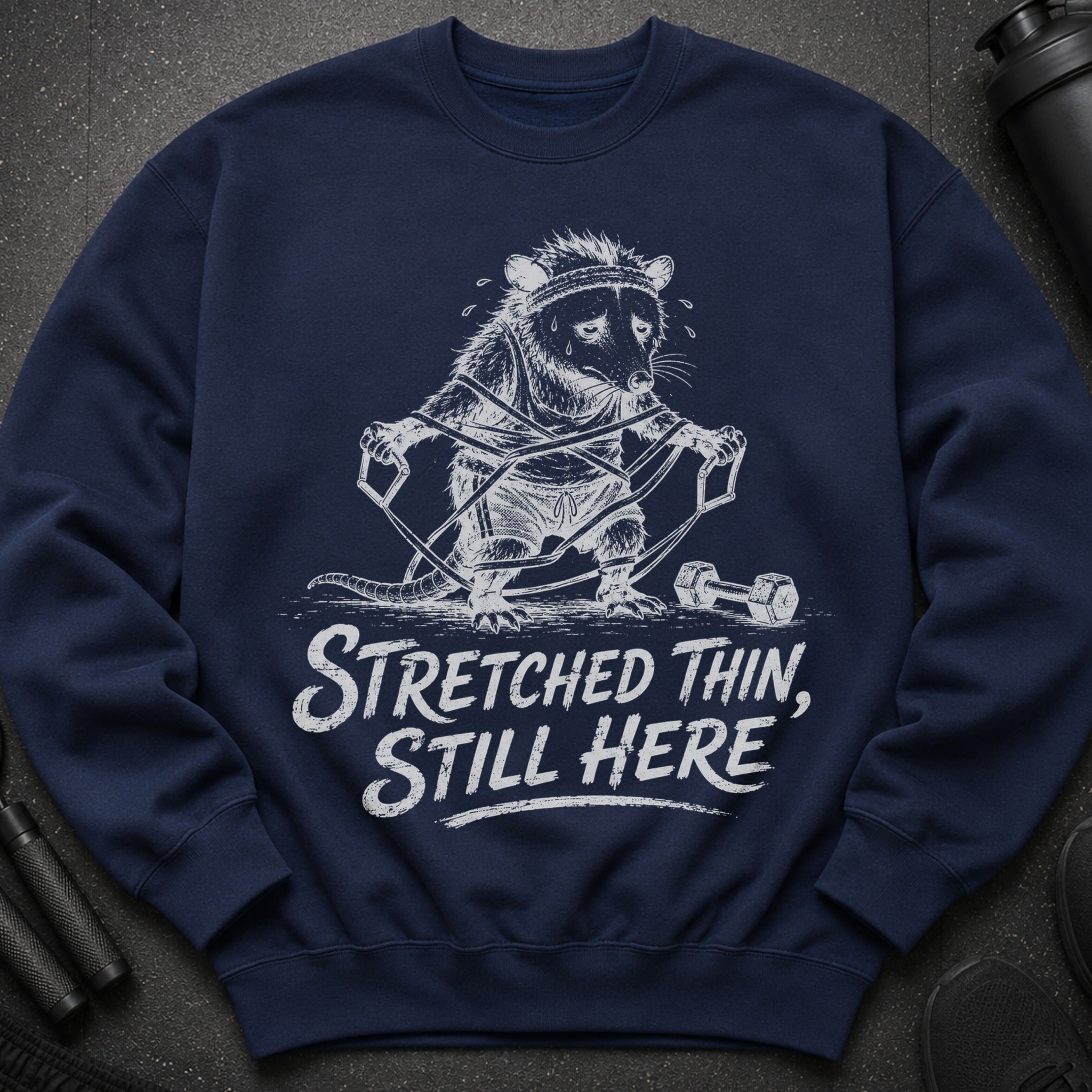 Navy sweatshirt with a graphic of a possum exercising and text reading "Stretched Thin, Still Here".