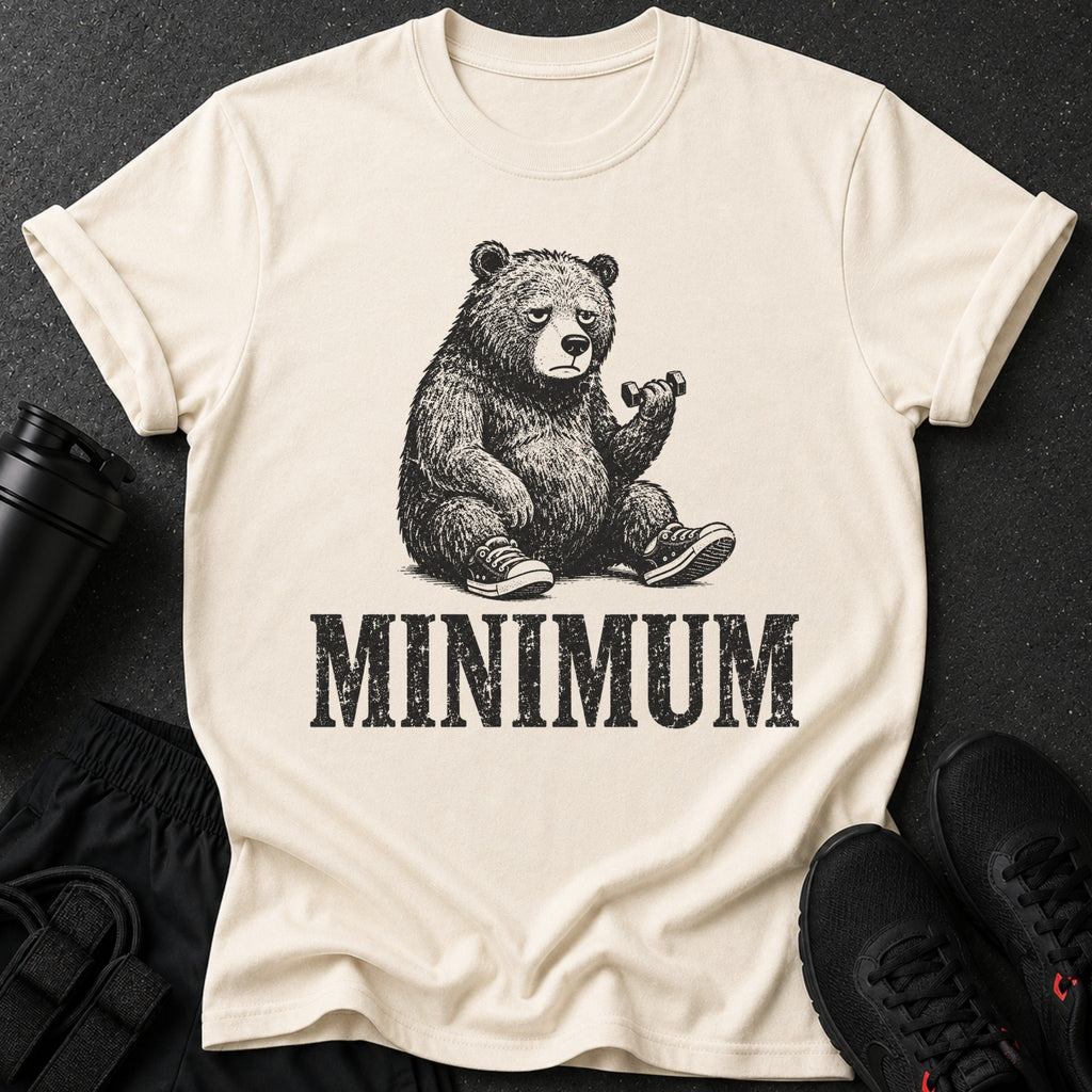 Cream t-shirt with black graphic of bear lifting dumbbell and text "MINIMUM".