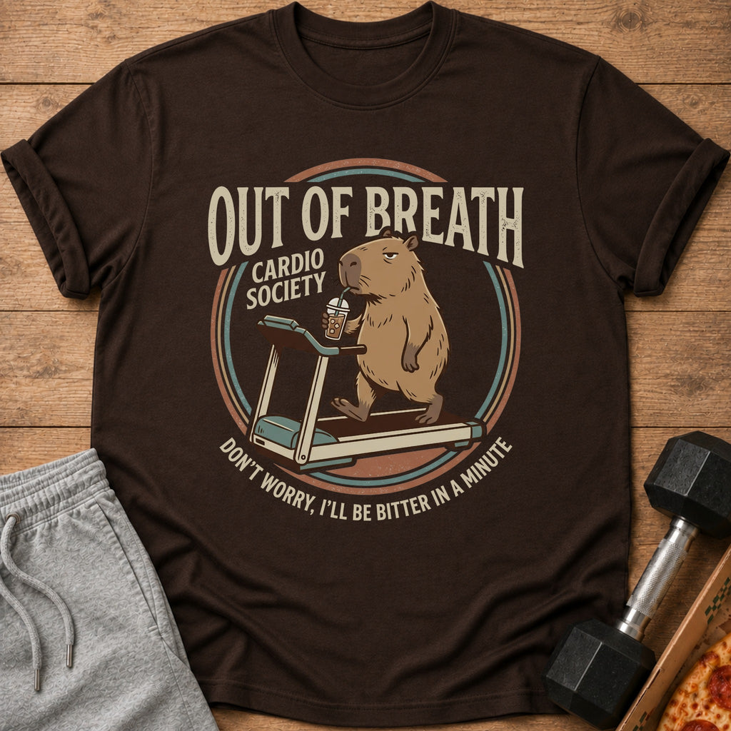 Brown t-shirt with capybara on treadmill, "Out of Breath Cardio Society" text.