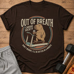 Brown t-shirt with capybara on treadmill, "Out of Breath Cardio Society" text.