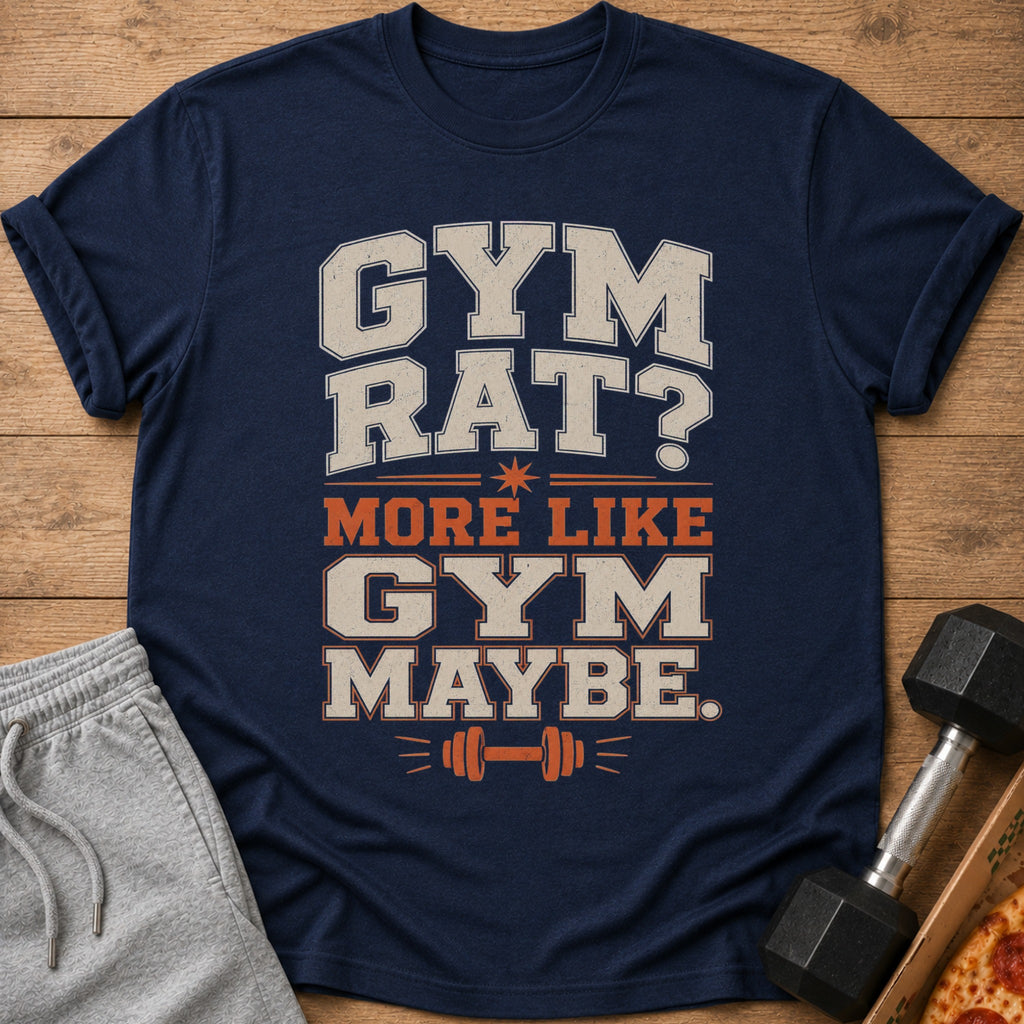 Navy t-shirt with "Gym Rat? More Like Gym Maybe." text and barbell graphic.