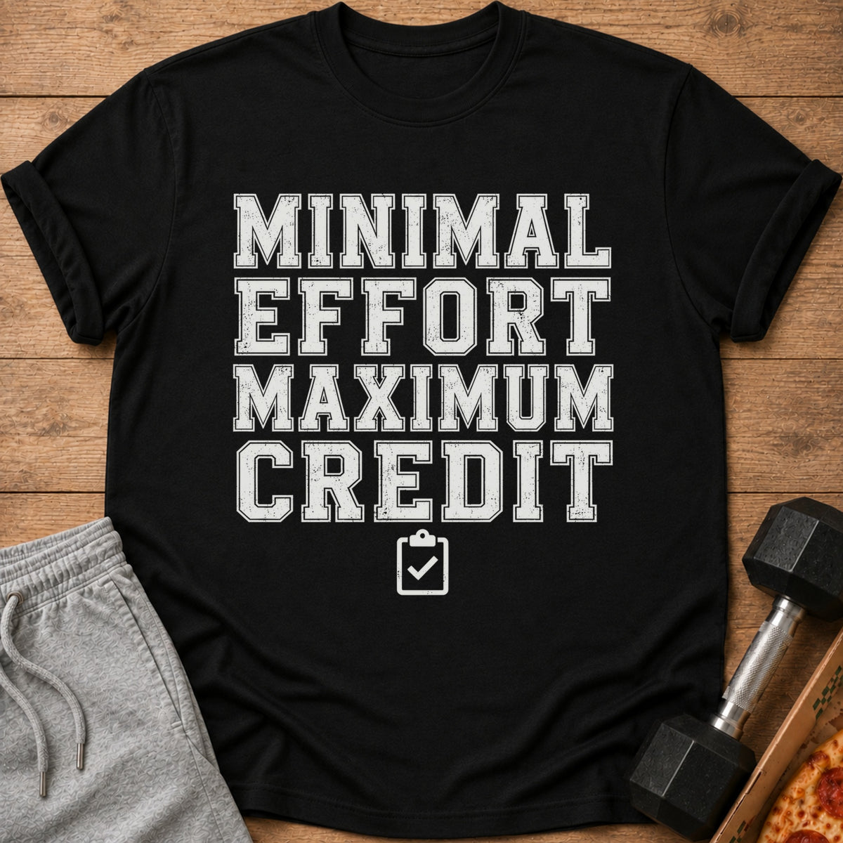 Black t-shirt with white text "MINIMAL EFFORT MAXIMUM CREDIT" and checklist icon.