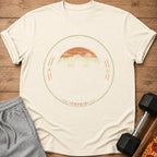 Cream t-shirt with "Gym Influencer (Unpaid)" graphic featuring mountains and sun.