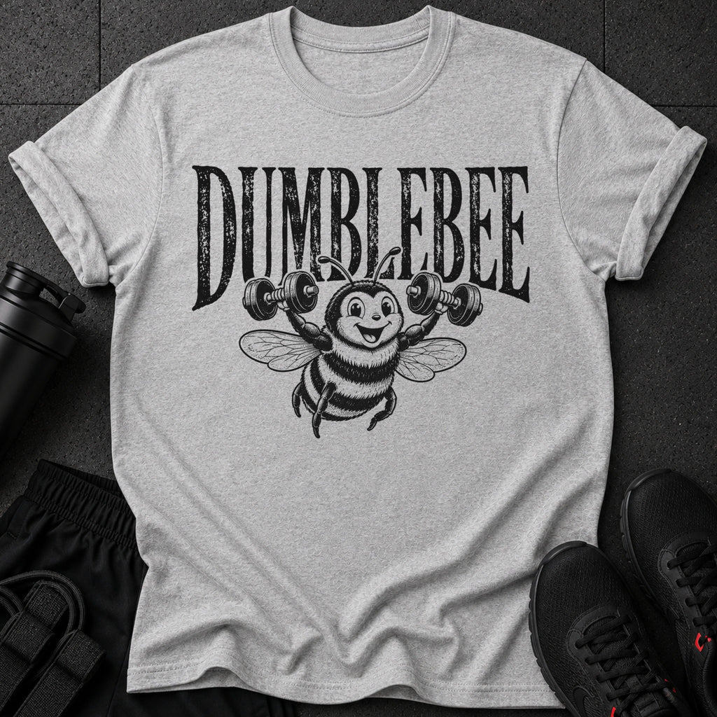 Grey t-shirt with comic-style bumblebee lifting dumbbells and text "DUMBLEBEE"