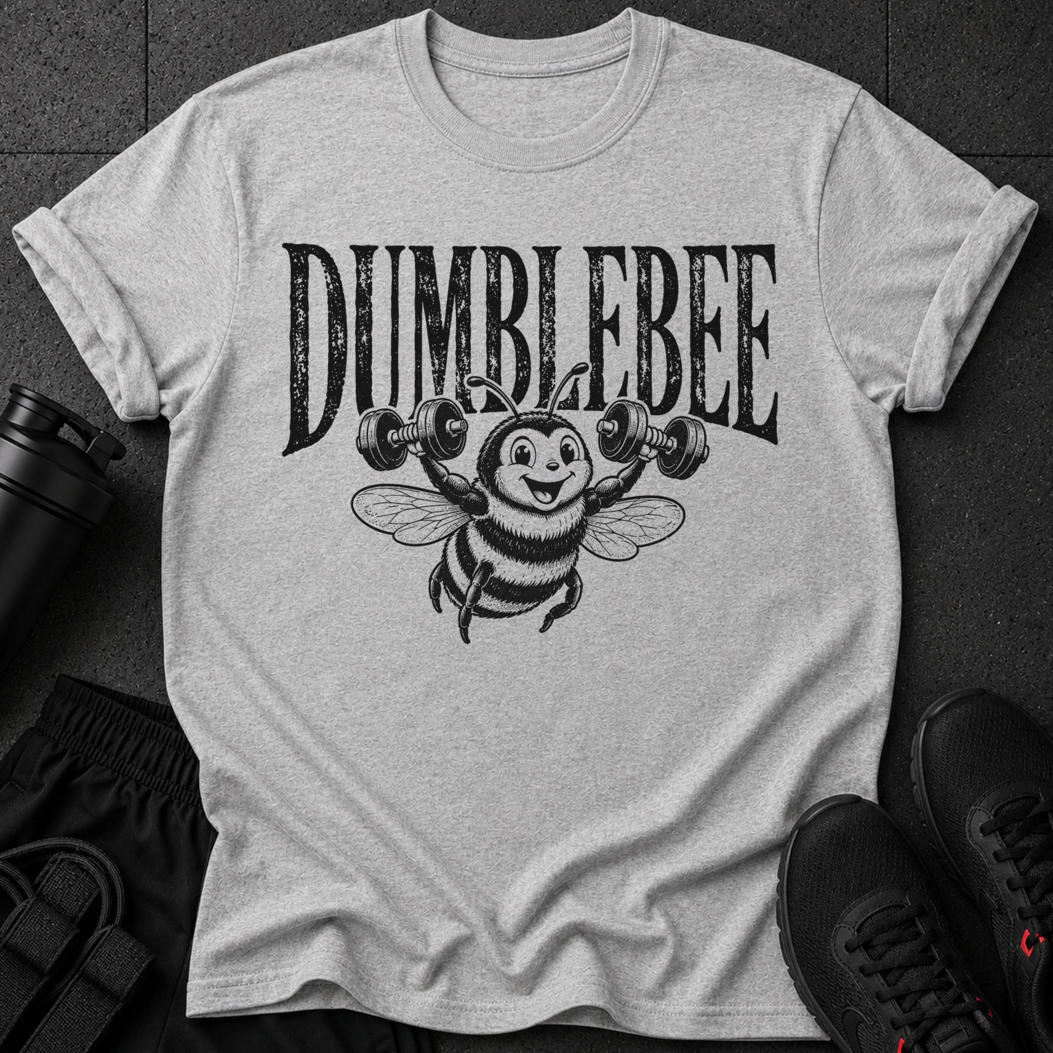 Grey t-shirt with comic-style bumblebee lifting dumbbells and text "DUMBLEBEE"