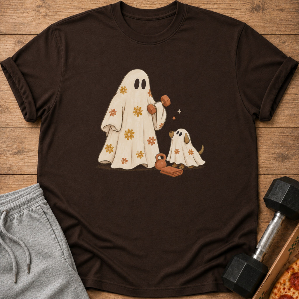 Brown t-shirt with a graphic of two ghosts exercising, holding weights and dumbbells.