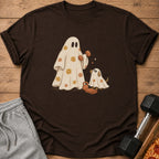 Brown t-shirt with a graphic of two ghosts exercising, holding weights and dumbbells.