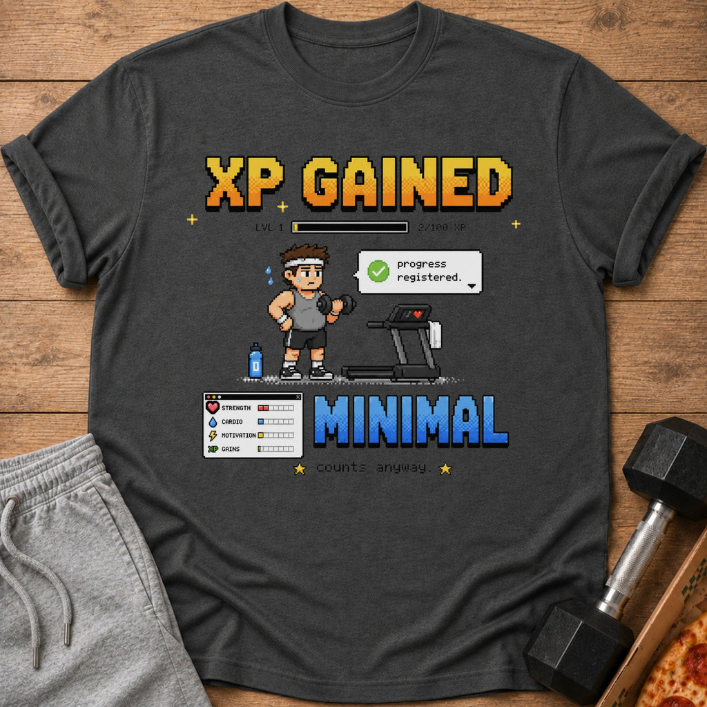 T-shirt design with "XP GAINED" in pixelated font and workout-themed graphics.