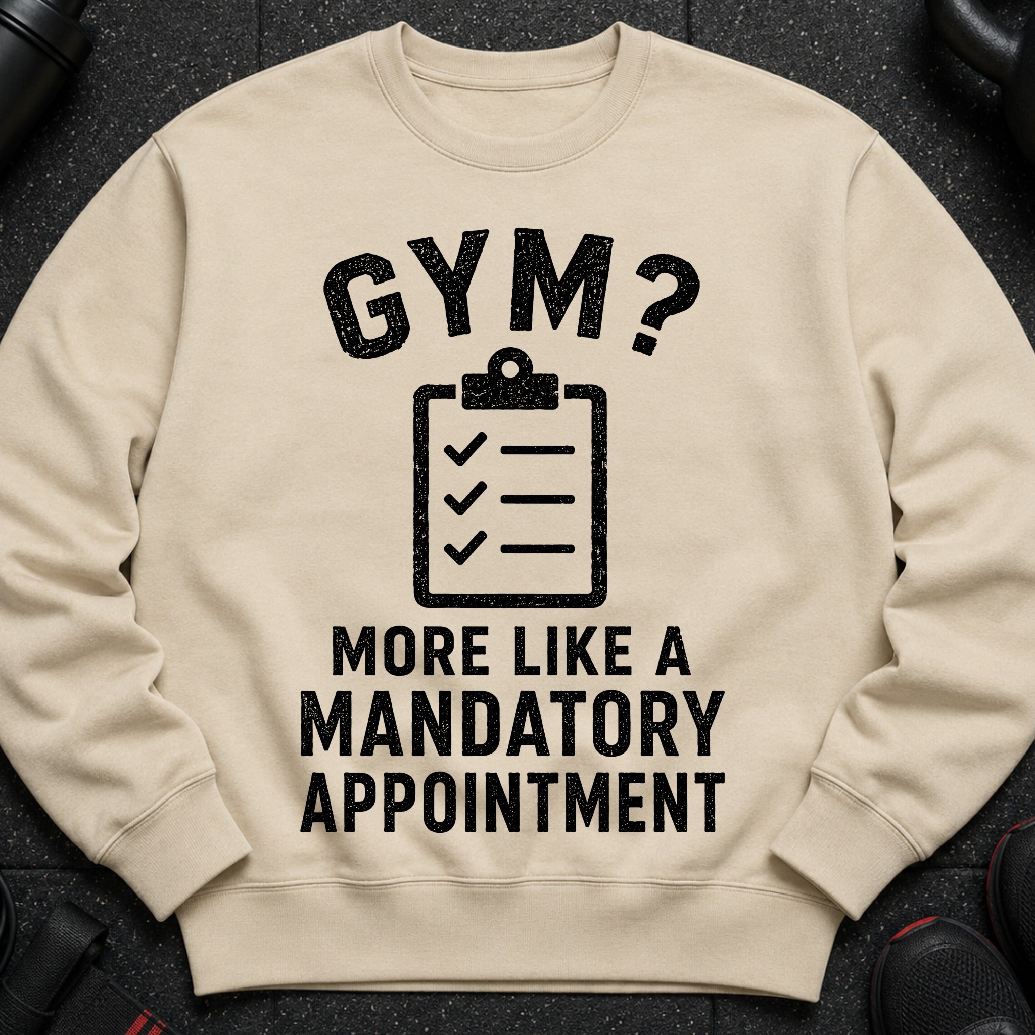 Cream sweatshirt with "GYM? MORE LIKE A MANDATORY APPOINTMENT" graphic and clipboard icon.
