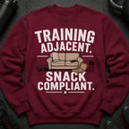 Maroon sweatshirt with "TRAINING ADJACENT. SNACK COMPLIANT." text and cartoon graphics.