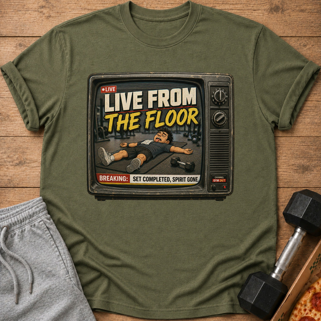 Olive green t-shirt with a vintage TV graphic saying "LIVE FROM THE FLOOR".