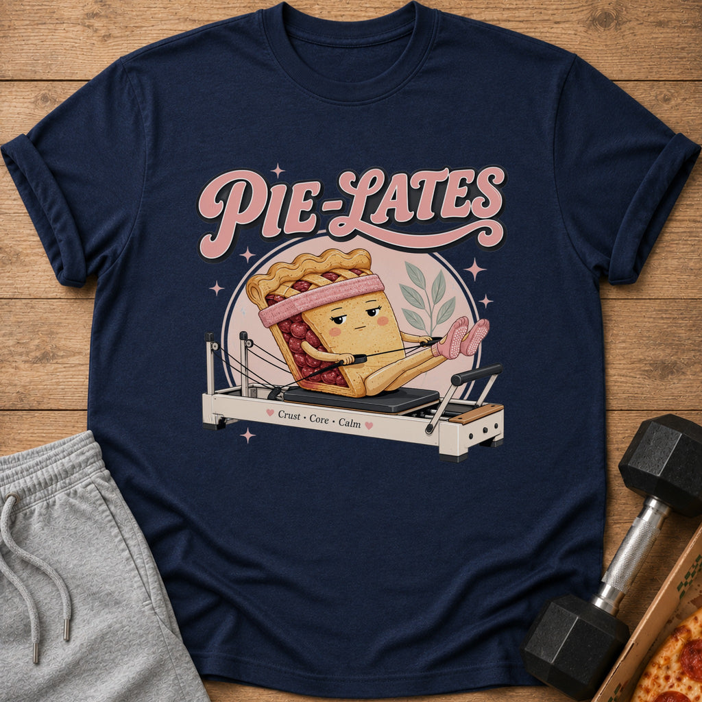 Navy t-shirt with "Pie-Lates" text and cherry pie slice on reformer.