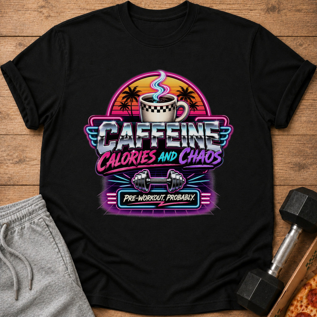 Black t-shirt with retro design: "Caffeine Calories and Chaos. Pre-workout, Probably."