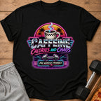 Black t-shirt with retro design: "Caffeine Calories and Chaos. Pre-workout, Probably."