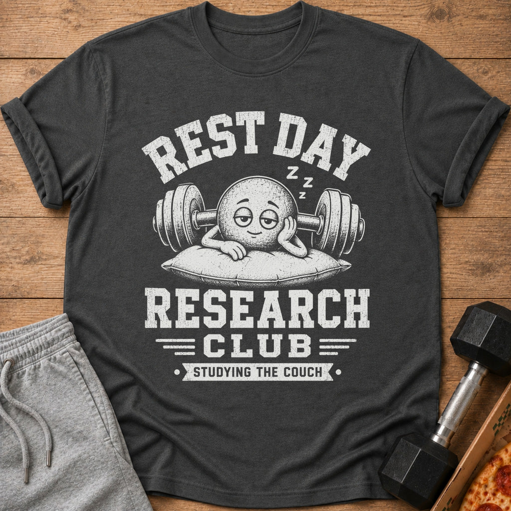 Dark grey t-shirt with "Rest Day Research Club Studying The Couch" text and cartoon.