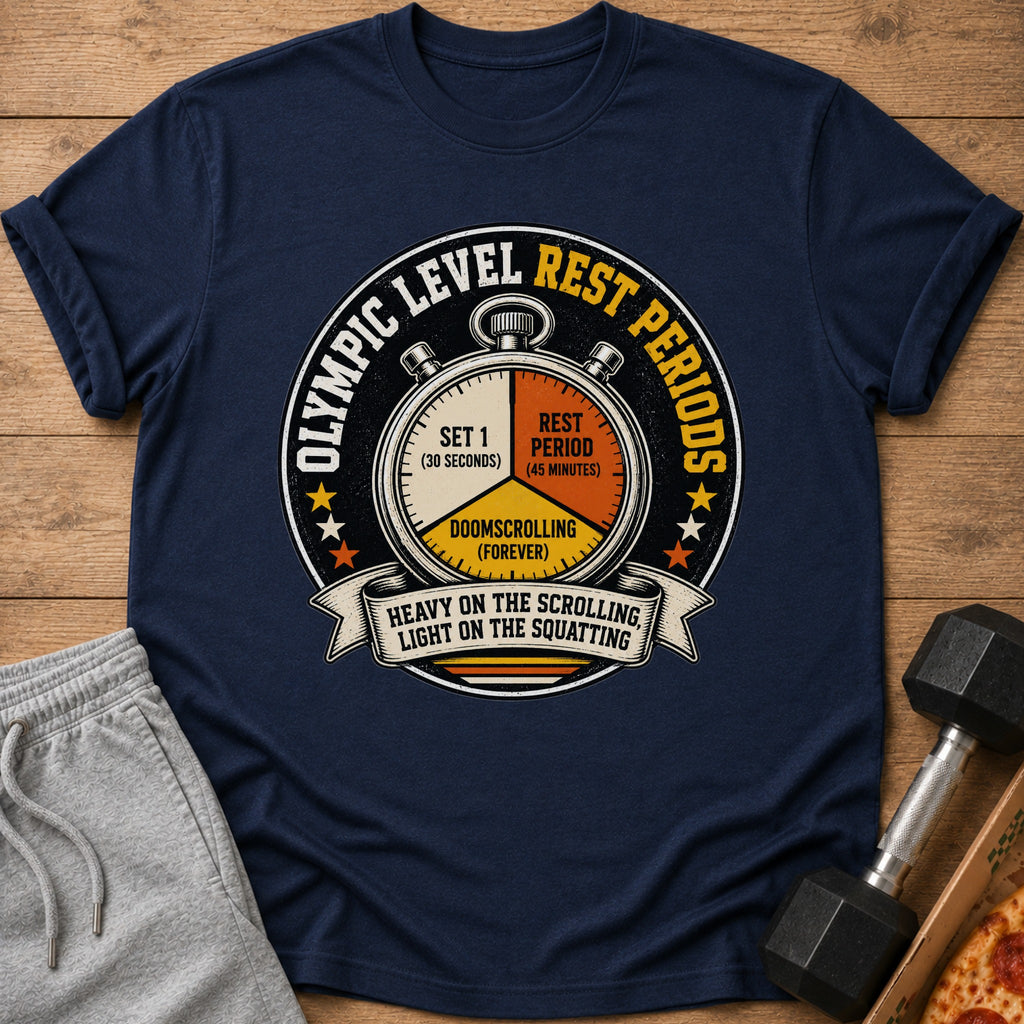 Navy t-shirt with "Olympic Level Rest Periods" graphic, stopwatch, and text.