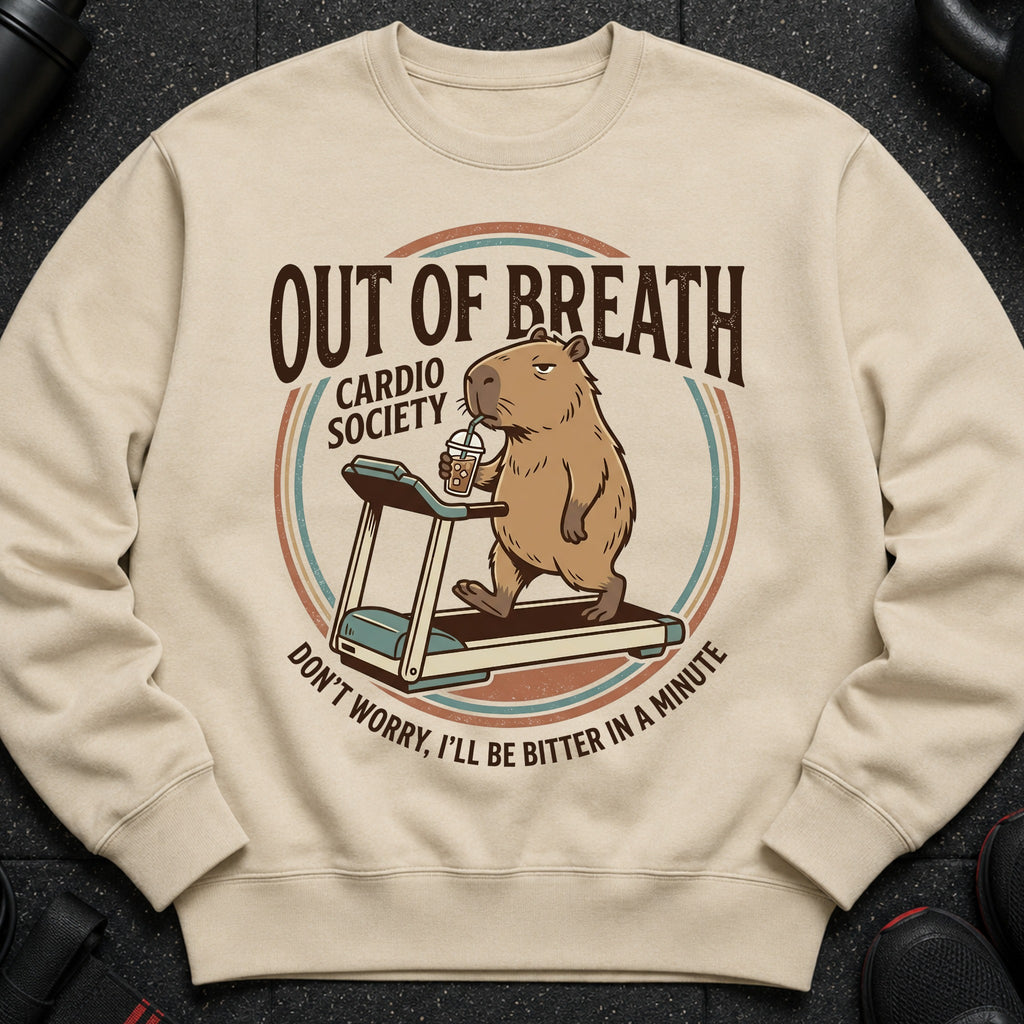 Capybara on treadmill drinks iced coffee with text "Out of Breath Cardio Society".