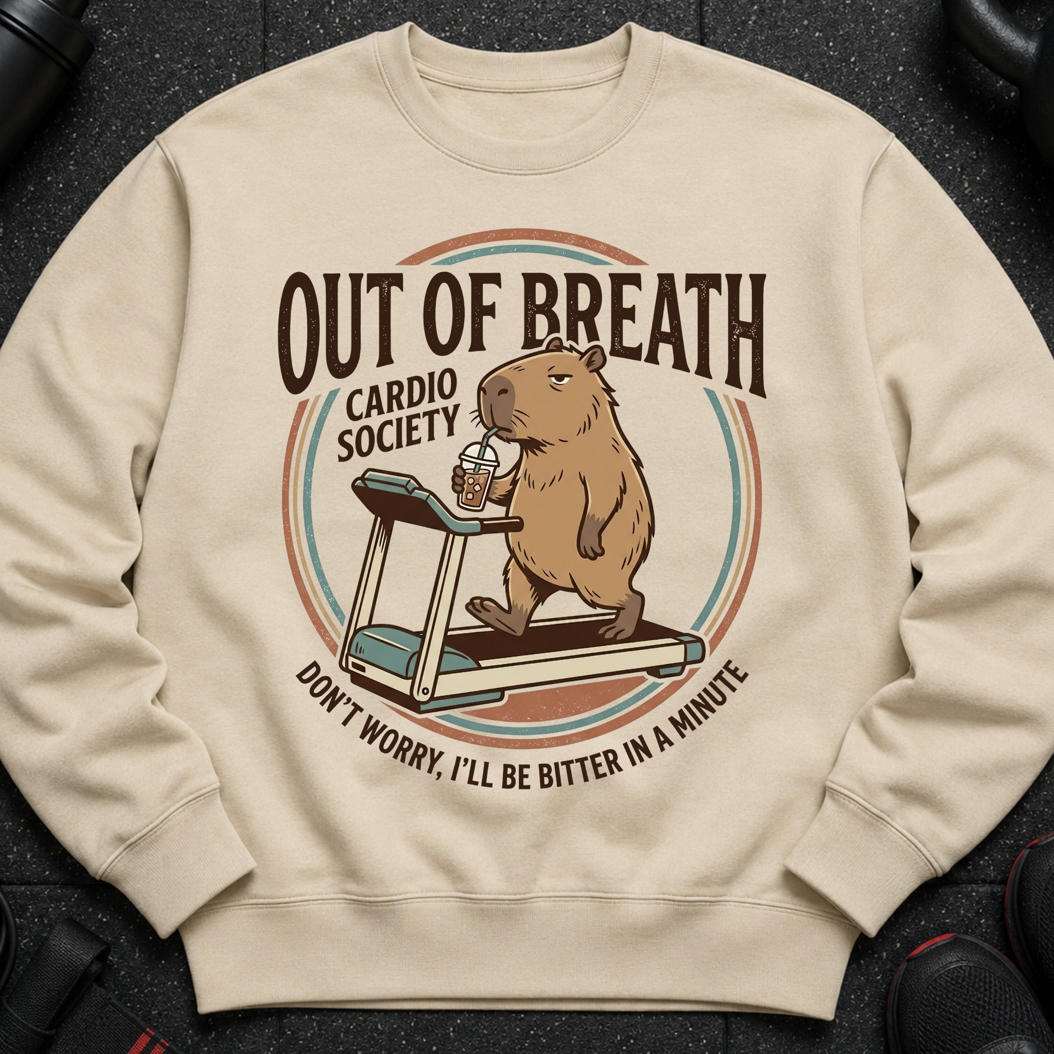 Capybara on treadmill drinks iced coffee with text "Out of Breath Cardio Society".