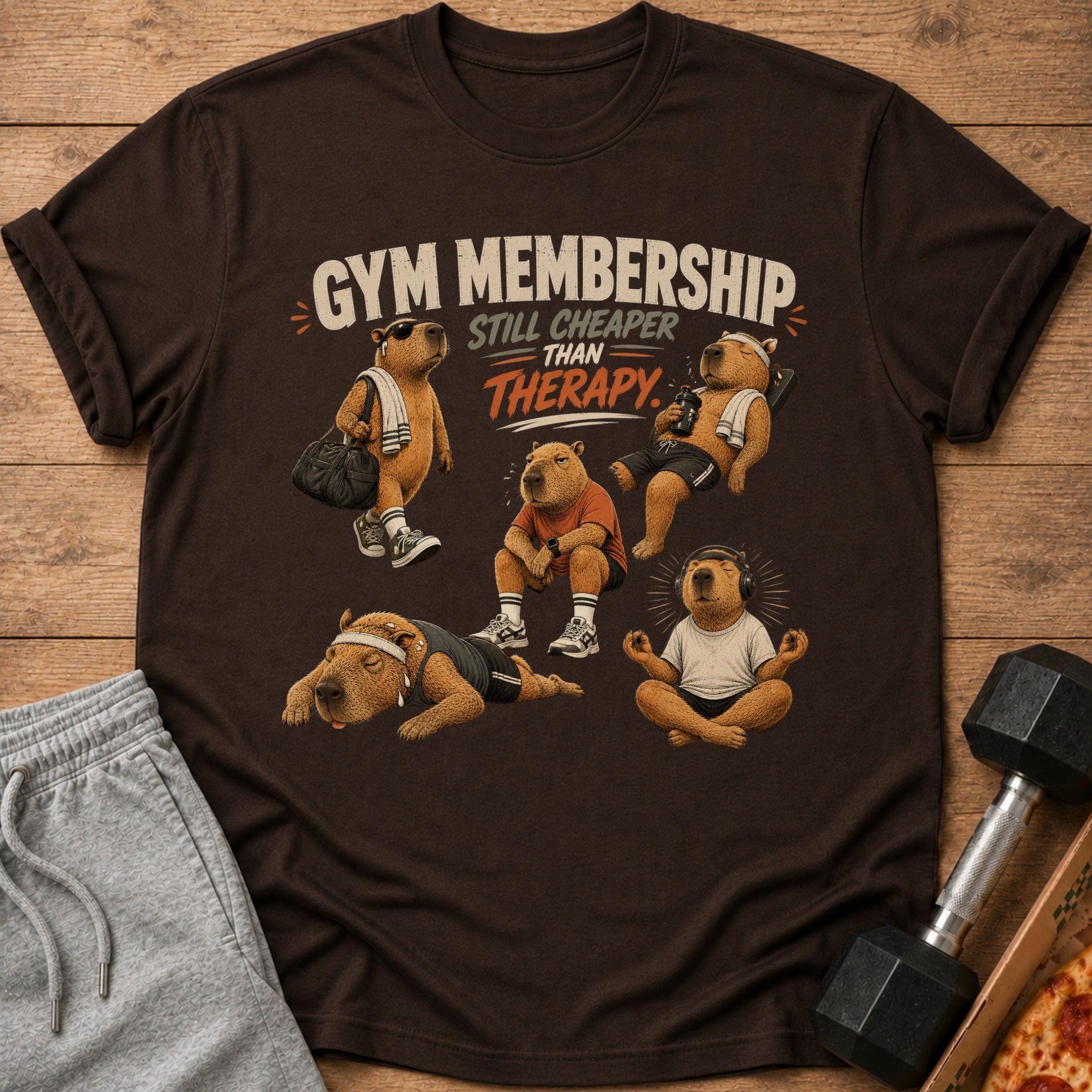Brown t-shirt with capybaras exercising and text "Gym Membership Still Cheaper Than Therapy".