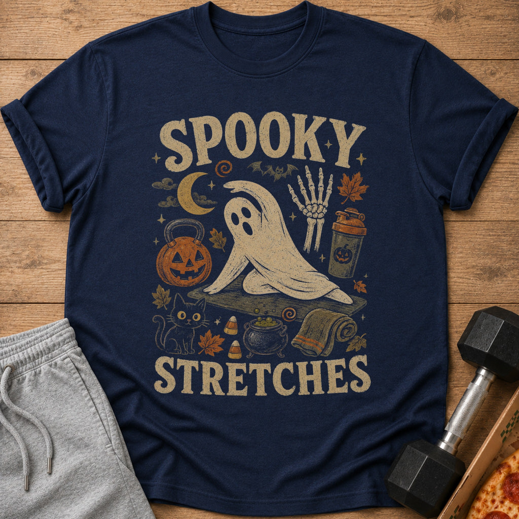 Navy t-shirt with "Spooky Stretches" text and Halloween-themed graphic.