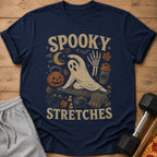 Navy t-shirt with "Spooky Stretches" text and Halloween-themed graphic.