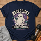 Navy t-shirt with ghost lifting dumbbell, shaker bottle, and "Hexercise? Unfortunately." text.