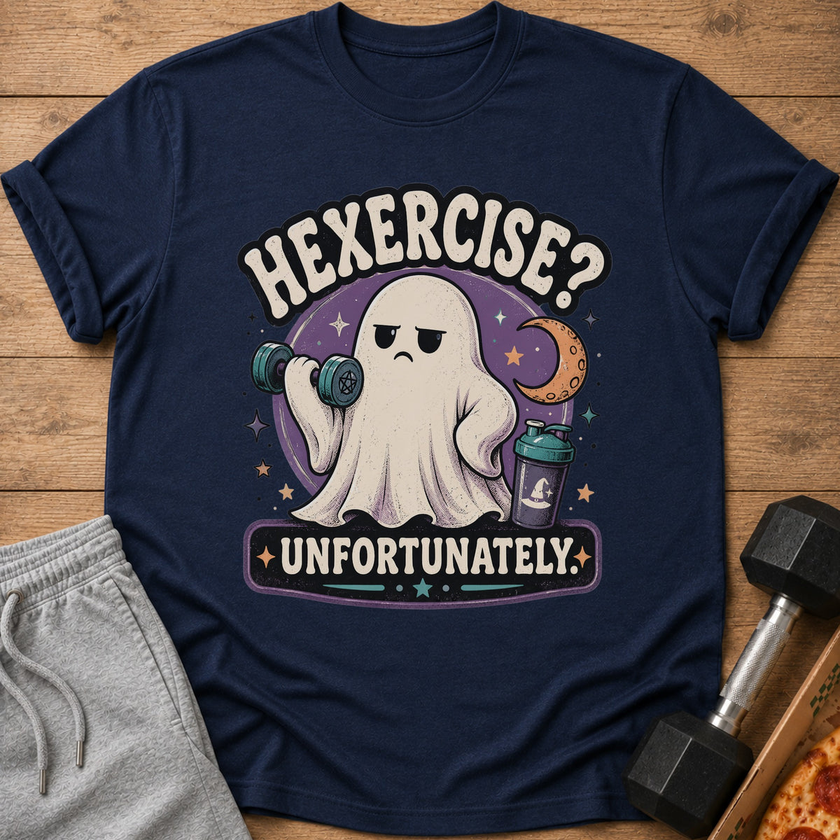 Navy t-shirt with ghost lifting dumbbell, shaker bottle, and "Hexercise? Unfortunately." text.