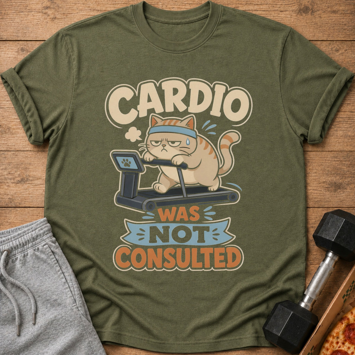 Funny cartoon cat on treadmill with text "CARDIO WAS NOT CONSULTED".