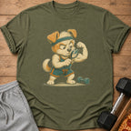 Cartoon dog in athletic wear inspecting bicep with magnifying glass next to dumbbell.