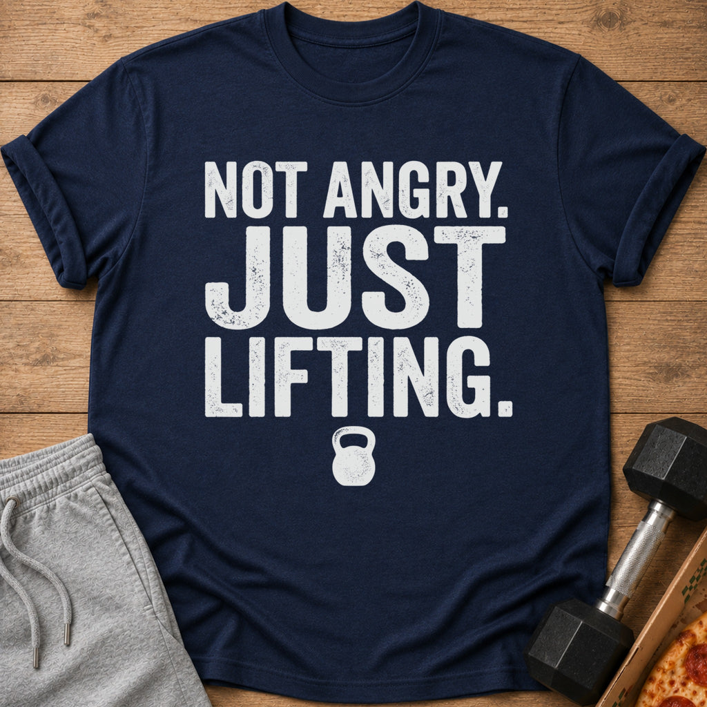 Navy t-shirt with "NOT ANGRY. JUST LIFTING." text and kettlebell graphic.