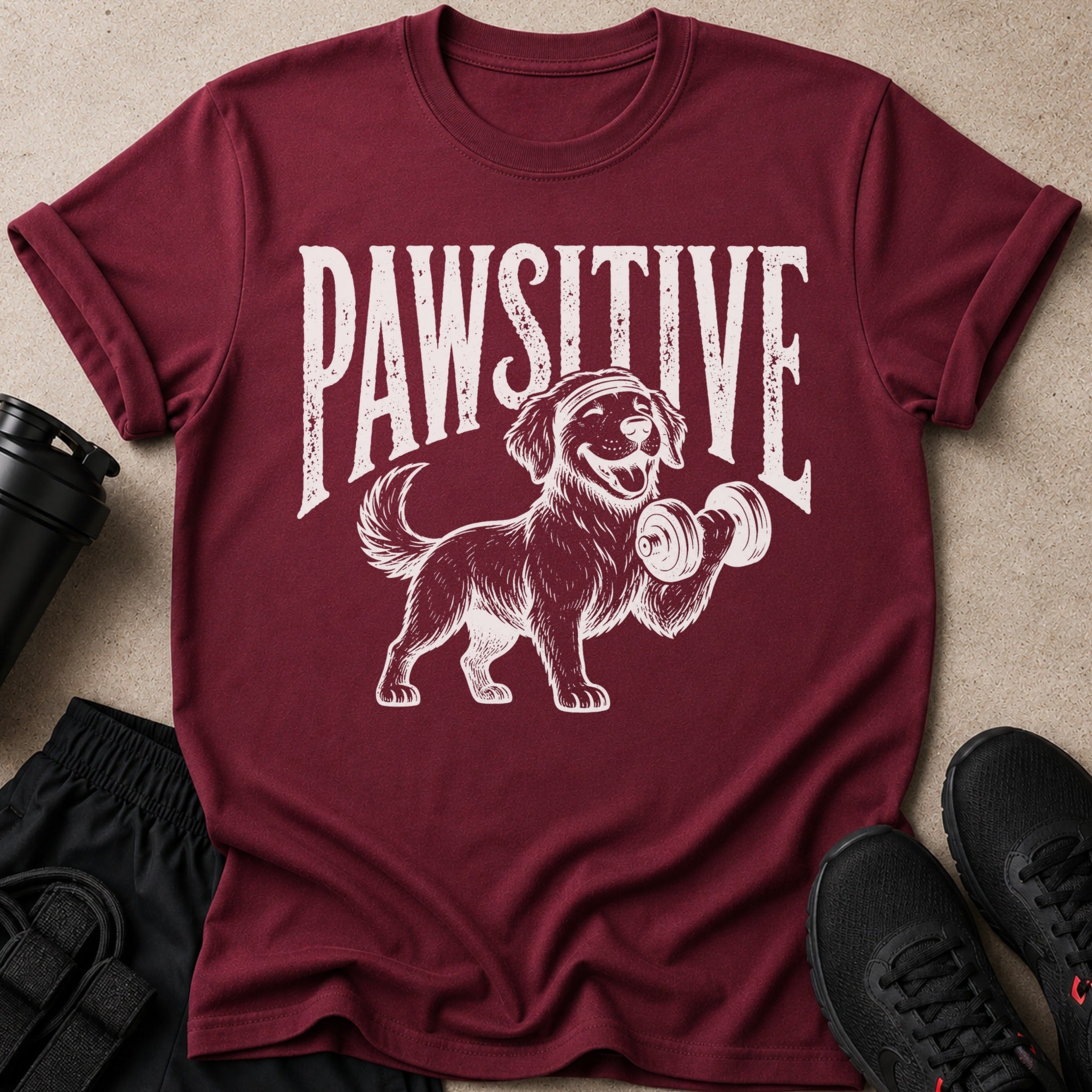 Maroon t-shirt with white "Pawsitive" text and a dog lifting a dumbbell.
