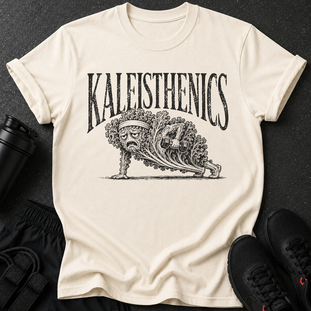 Cream t-shirt with "KALEISTHENICS" and kale character doing a plank with dumbbells.