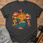 T-shirt with groovy sun, mushrooms, yoga mat, and sneakers graphic.